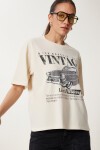 Vintage Baskılı Pamuklu Örme T-shirt KREM LUS0141