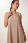 Askılı Dökümlü Şık Elbise BEJ LGK0004