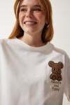 Ayıcık Armalı Crop Örme T-shirt EKRU LHF0036