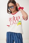 Baskılı Pamuklu Örme T-shirt EKRU KIRMIZI LNS0042
