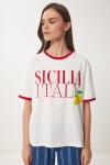 Baskılı Pamuklu Örme T-shirt EKRU KIRMIZI LNS0042