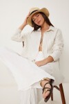 Çizgili Oversize Keten Gömlek KREM LMX0081