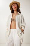 Çizgili Oversize Keten Gömlek KREM LMX0081