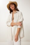 Çizgili Oversize Keten Gömlek KREM LMX0081