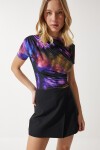 Desenli Büzgülü Sandy Bluz SİYAH MOR LFF0017