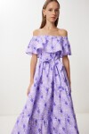 Desenli Carmen Yaka Dokuma Elbise LİLA LFG0123