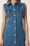 Düğmeli Midi Denim Elbise KOYU MAVİ LFG0004