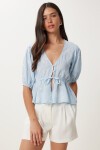 Fistolu Nakış İşlemeli Keten Bluz GÖK MAVİ LHF0033