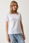 Güpür Kollu Pamuklu Basic Örme T-shirt BEYAZ LVF0001