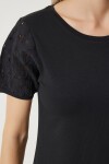Güpür Kollu Pamuklu Basic Örme T-shirt SİYAH LVF0001