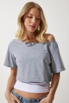 Kayık Yaka Basic Crop Örme T-shirt GRİ MELANJ LOW0037