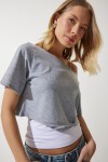 Kayık Yaka Basic Crop Örme T-shirt GRİ MELANJ LOW0037