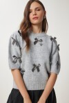 Kısa Kollu Fiyonklu Triko Bluz GRİ LDP0031