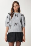 Kısa Kollu Fiyonklu Triko Bluz GRİ LDP0031