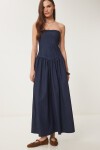 Straplez Midi Denim Elbise KOYU MAVİ LNS0039