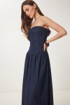 Straplez Midi Denim Elbise KOYU MAVİ LNS0039