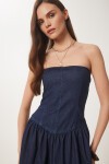 Straplez Midi Denim Elbise KOYU MAVİ LNS0039