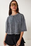Taş Detaylı Yıkamalı Pamuklu Örme T-shirt ANTRASİT LHC0014
