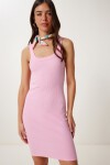 Askılı Saran Esnek Fitilli Örme Elbise PEMBE LKB0013