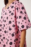 Balon Kollu Desenli Poplin Elbise PEMBE SİYAH LRC0004