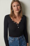 Düğmeli Yaka Fitilli Crop Örme Bluz SİYAH LLD0004