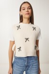 Fiyonklu Bağlamalı Crop Triko Süveter KREM LMT0025