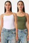 İkili İp Askılı Örme Bluz BEYAZ HAKİ LLD0001