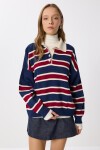 Polo Yaka Çizgili Triko Kazak LACİVERT BORDO LMW0024