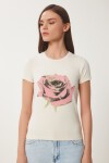 Çiçek Baskılı Örme T-shirt KREM LUS0114