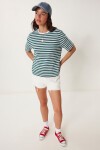 Çizgili Oversize Viskon T-shirt YEŞİL BEYAZ LRN0041