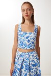 Desenli Crop Bluz Etek Dokuma Takım MAVİ EKRU LUB0130