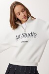 Fermuarlı Yaka Baskılı Şardonlu Örme Sweatshirt EKRU LUB0306