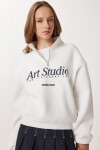 Fermuarlı Yaka Baskılı Şardonlu Örme Sweatshirt EKRU LUB0306