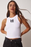 Halter Yaka Nakışlı Fitilli Crop Örme Bluz BEYAZ LUS0044