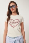 Kalp Baskılı Taşlı Örme T-shirt KREM LUS0115