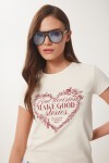 Kalp Baskılı Taşlı Örme T-shirt KREM LUS0115