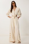 Keten Crop Bluz Pantolon Takım KREM LRV0107