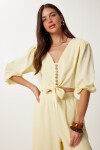 Keten Crop Bluz Pantolon Takım SARI LRV0107