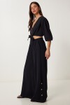 Keten Crop Bluz Pantolon Takım SİYAH LRV0107