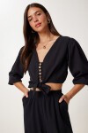 Keten Crop Bluz Pantolon Takım SİYAH LRV0107
