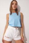 Pamuklu Halter Yaka Crop T-shirt GÖK MAVİ LUB0078