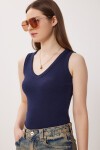 V Yaka Basic Fitilli Örme Bluz LACİVERT LRN0029