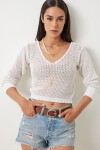 Ajurlu Yazlık Crop Triko Bluz EKRU LYY0008