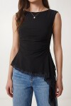 Asimetrik Dantelli Sandy Bluz SİYAH LZV0069