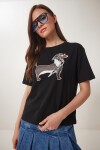 Baskılı Oversize Örme T-shirt SİYAH LZV0062