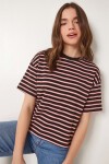 Çizgili Oversize Örme T-shirt KAHVERENGİ LCR0124