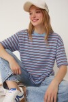 Çizgili Oversize Örme T-shirt MAVİ LCR0124