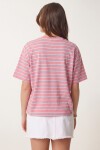 Çizgili Oversize Örme T-shirt PEMBE LCR0124