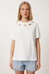 Cut Out Detaylı Pamuklu Örme T-shirt KEMİK LUS0155