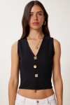 Dore Düğmeli Fitilli Örme Crop Bluz SİYAH LZV0012